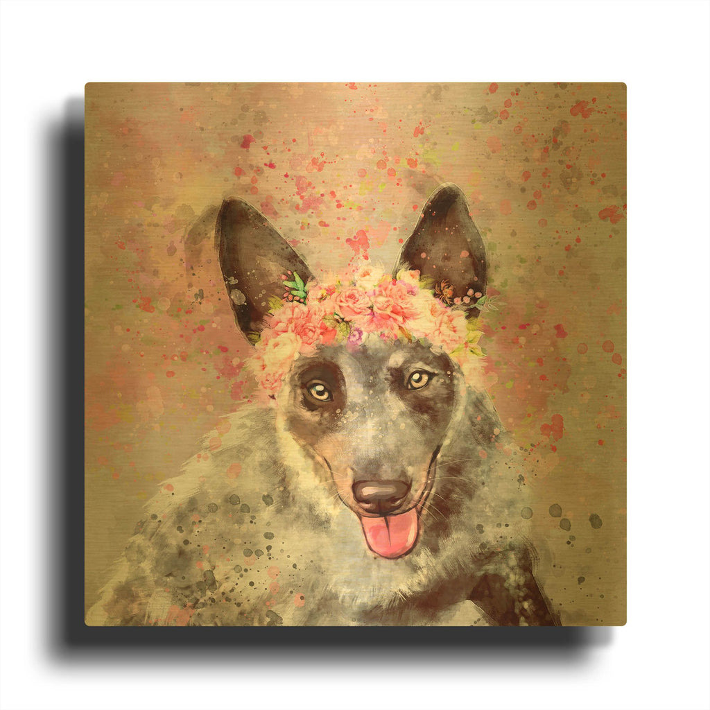 'Flower Crown Australian Cattle Dog 2' By Furbaby Affiliates Gold Metal Wall Art