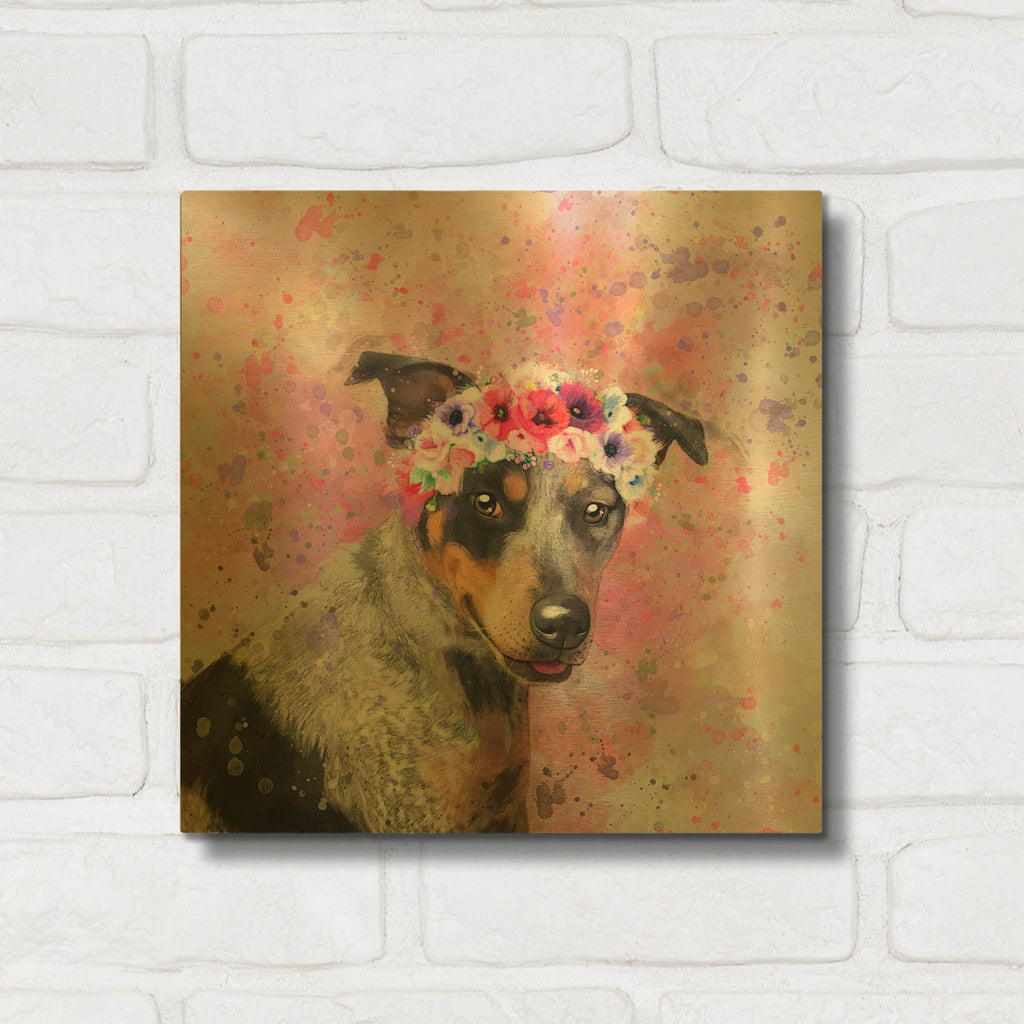 'Flower Crown Australian Cattle Dog' By Furbaby Affiliates Gold Metal Wall Art