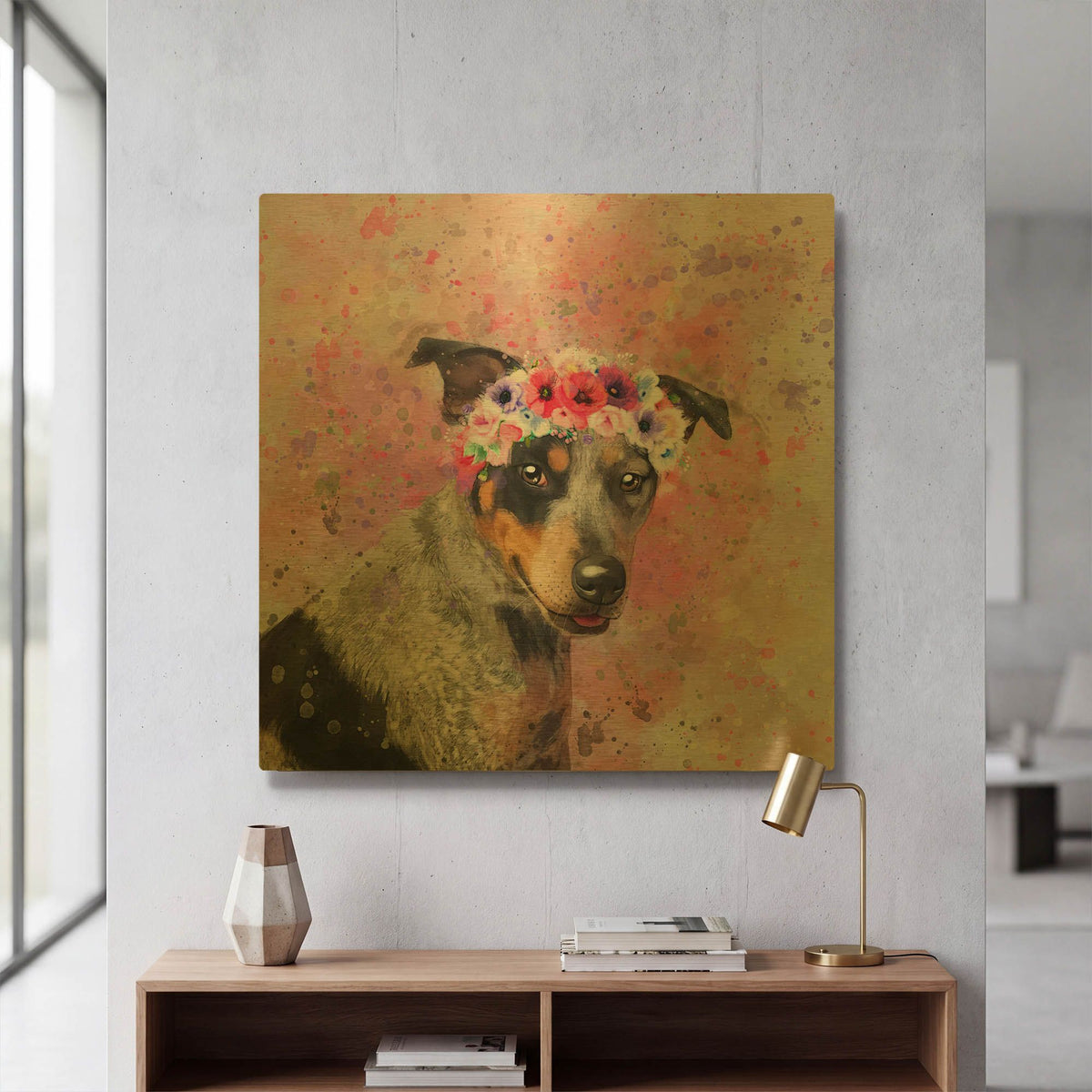 'Flower Crown Australian Cattle Dog' By Furbaby Affiliates Gold Metal Wall Art