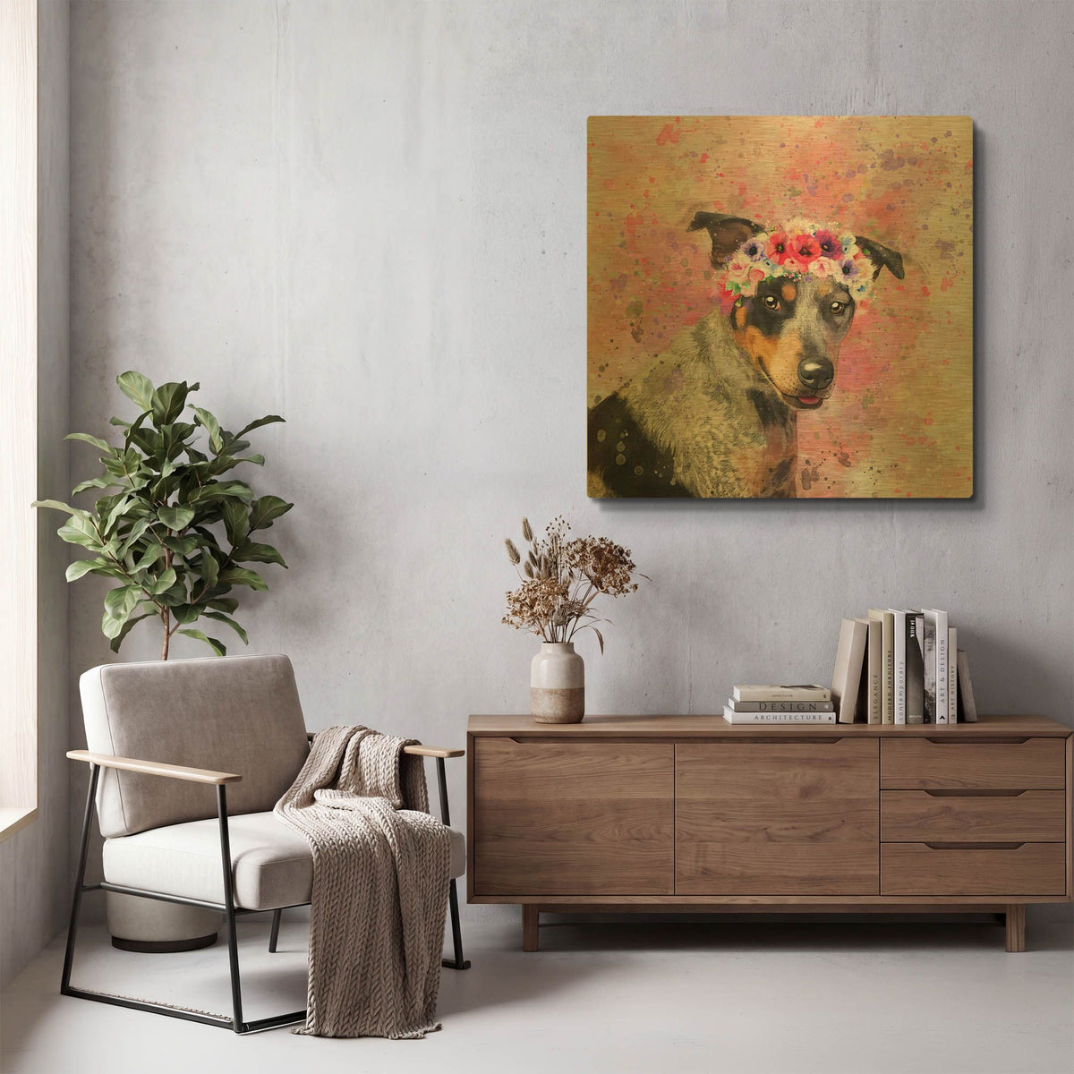 'Flower Crown Australian Cattle Dog' By Furbaby Affiliates Gold Metal Wall Art