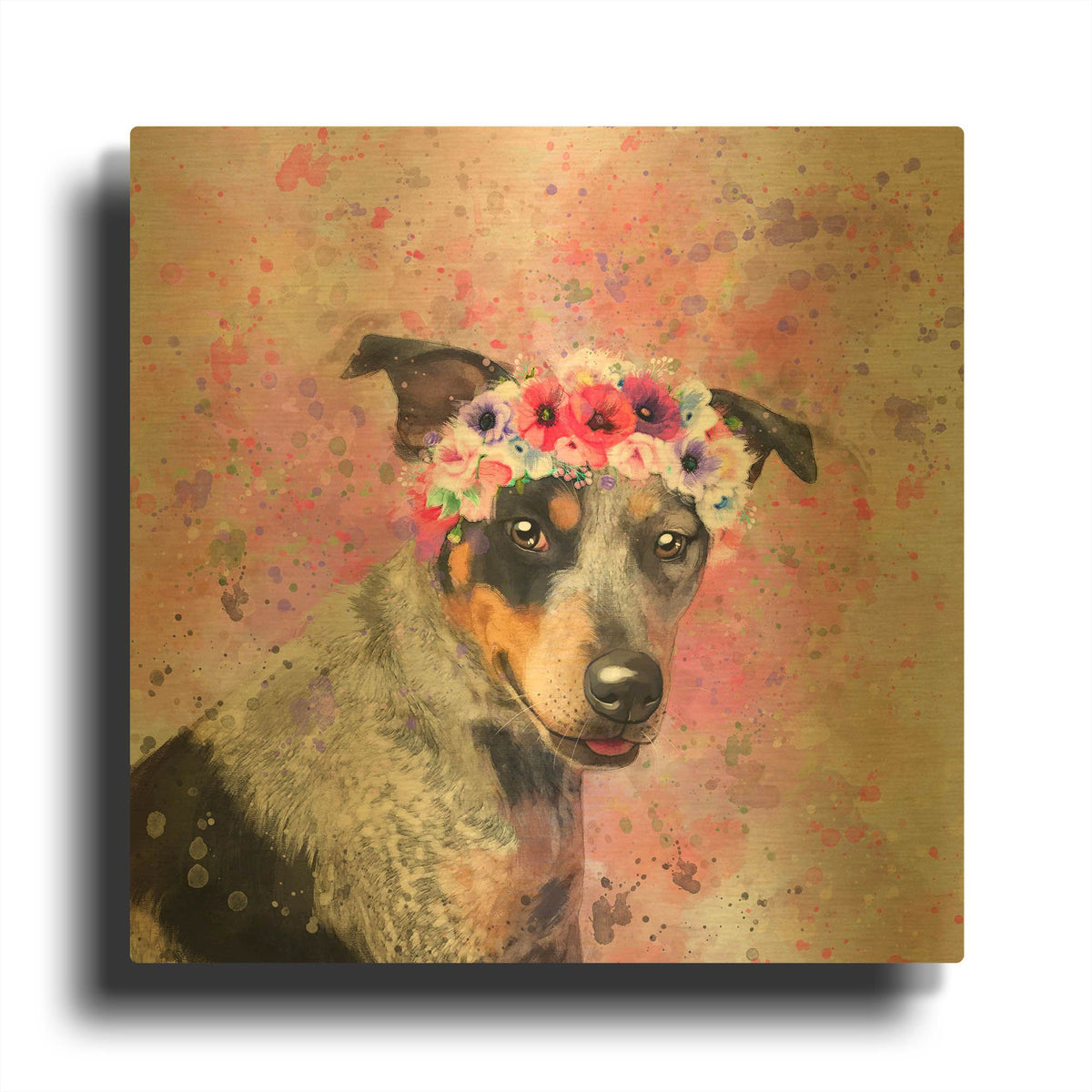 'Flower Crown Australian Cattle Dog' By Furbaby Affiliates Gold Metal Wall Art