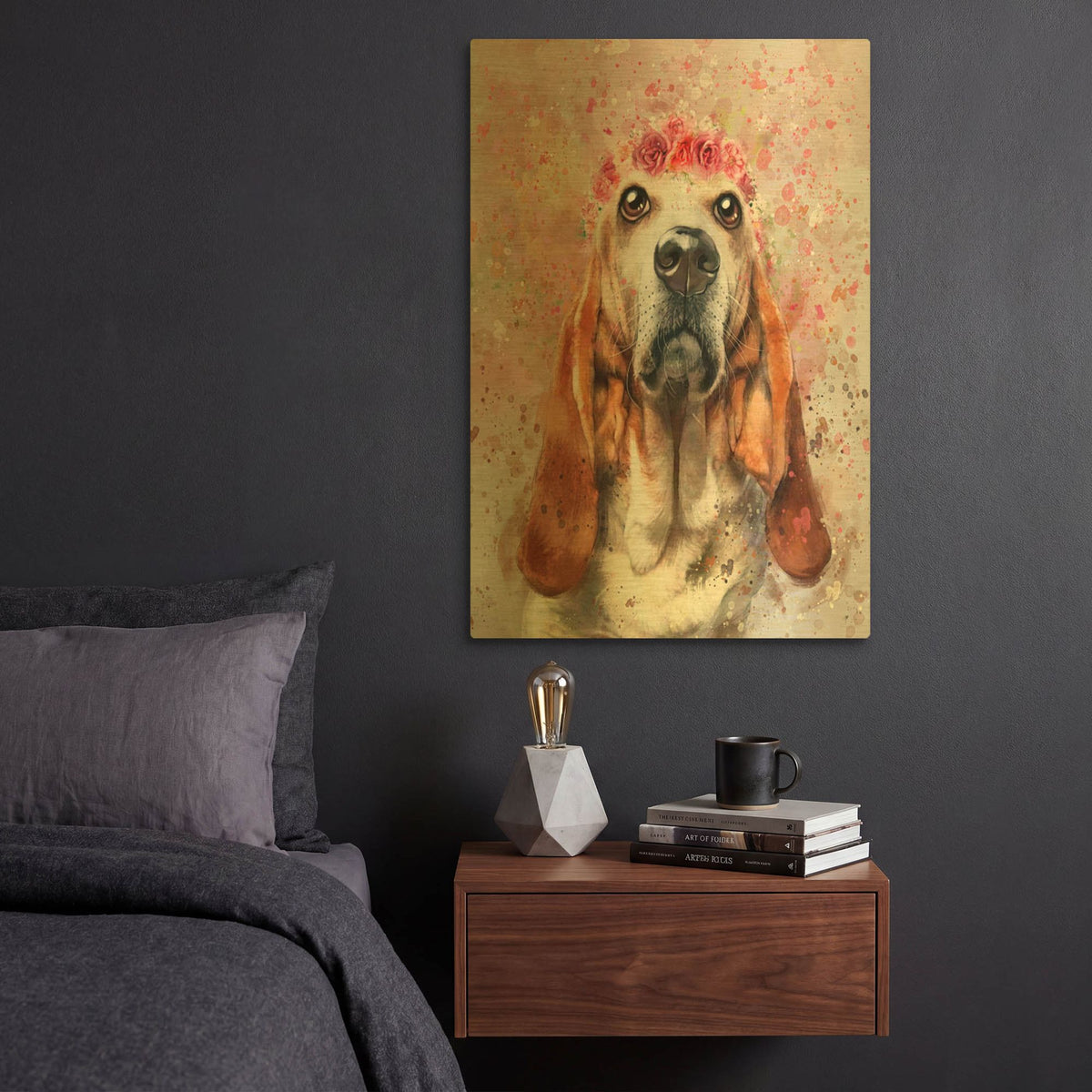 'Flower Crown Basset Hound' By Furbaby Affiliates Gold Metal Wall Art