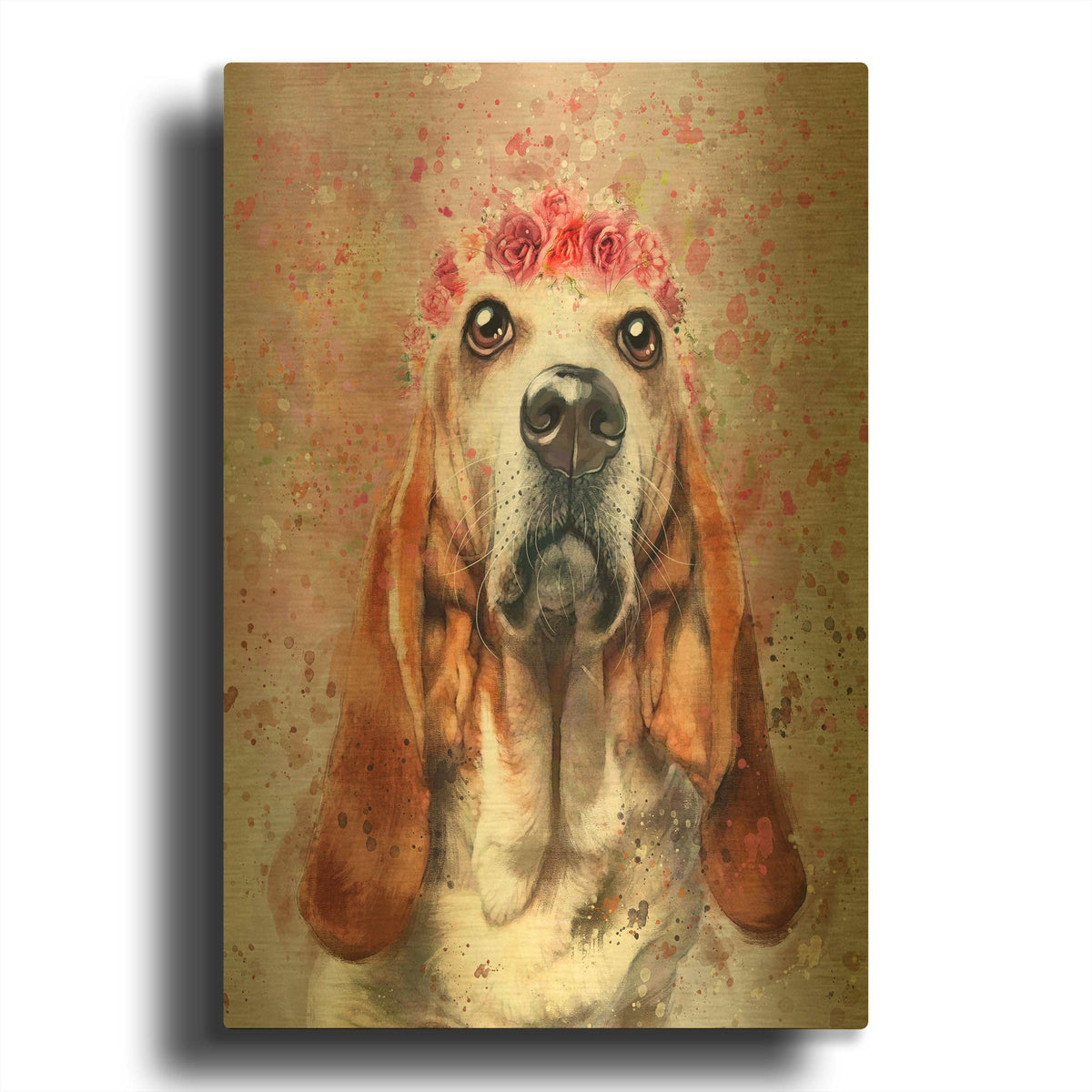 'Flower Crown Basset Hound' By Furbaby Affiliates Gold Metal Wall Art