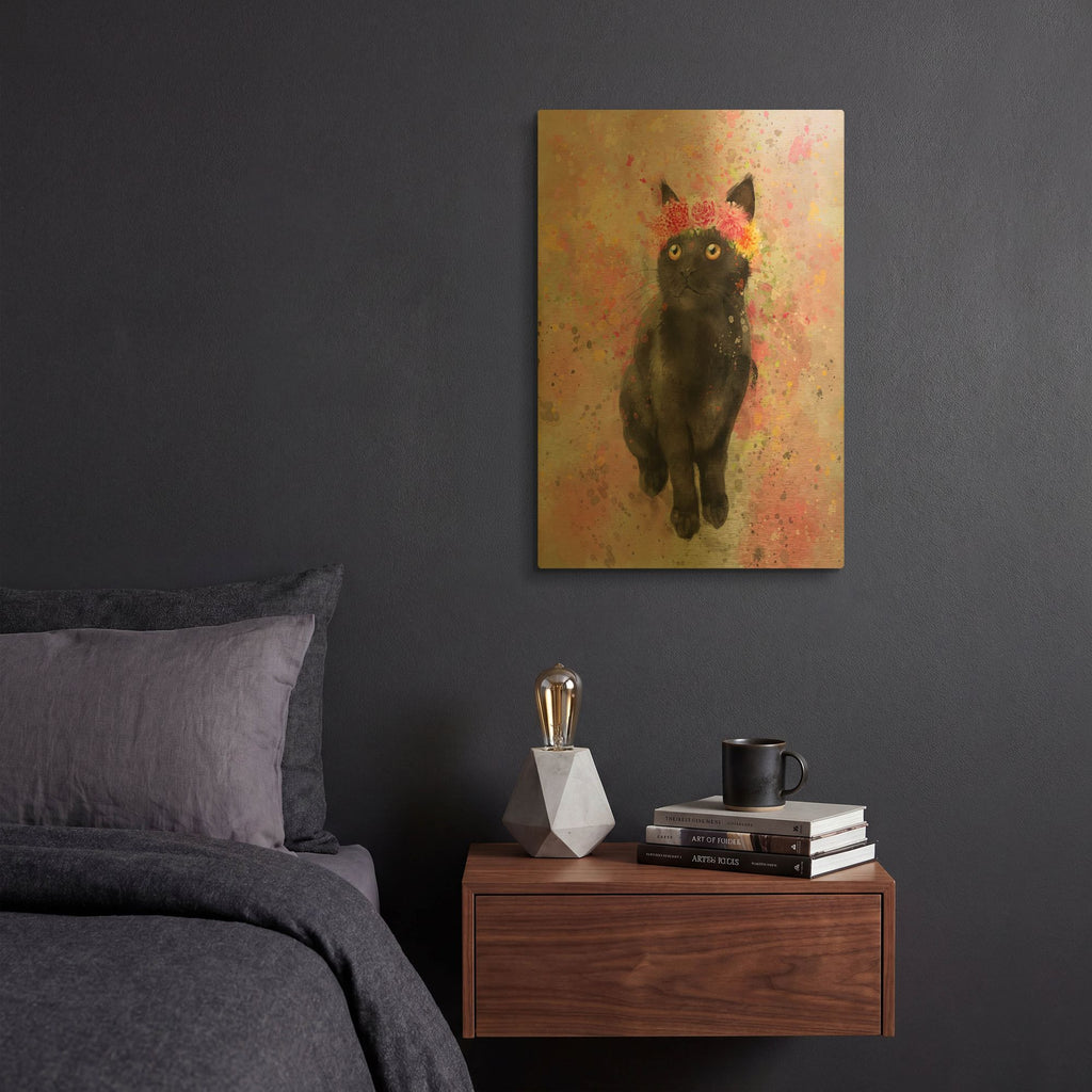 'Flower Crown Black Cat 2' By Furbaby Affiliates Gold Metal Wall Art