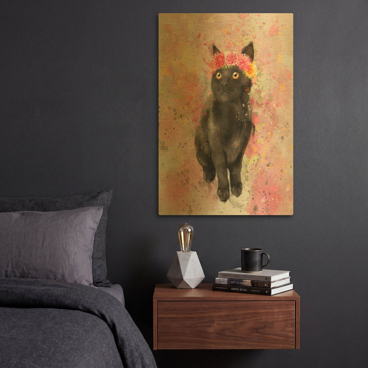 'Flower Crown Black Cat 2' By Furbaby Affiliates Gold Metal Wall Art