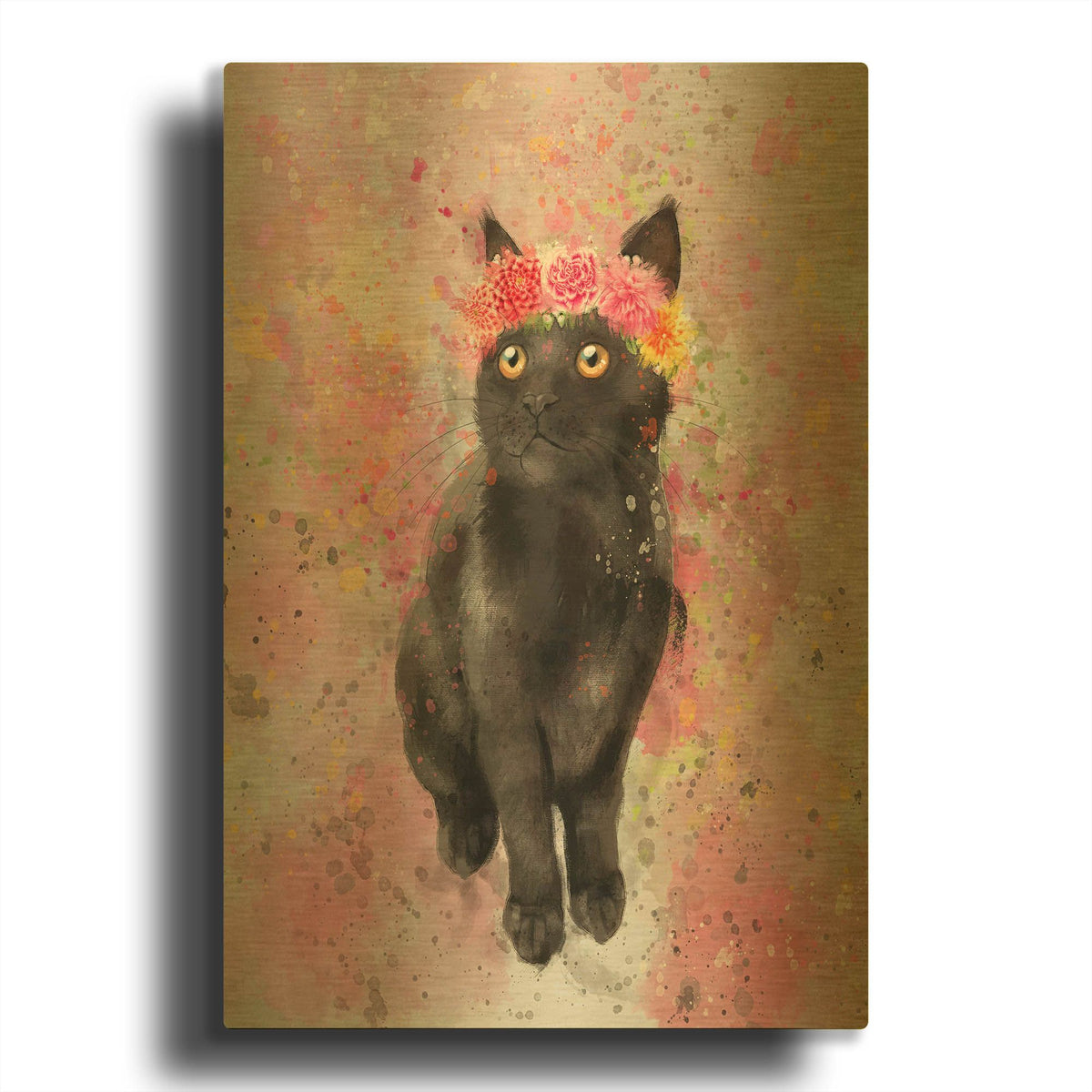 'Flower Crown Black Cat 2' By Furbaby Affiliates Gold Metal Wall Art