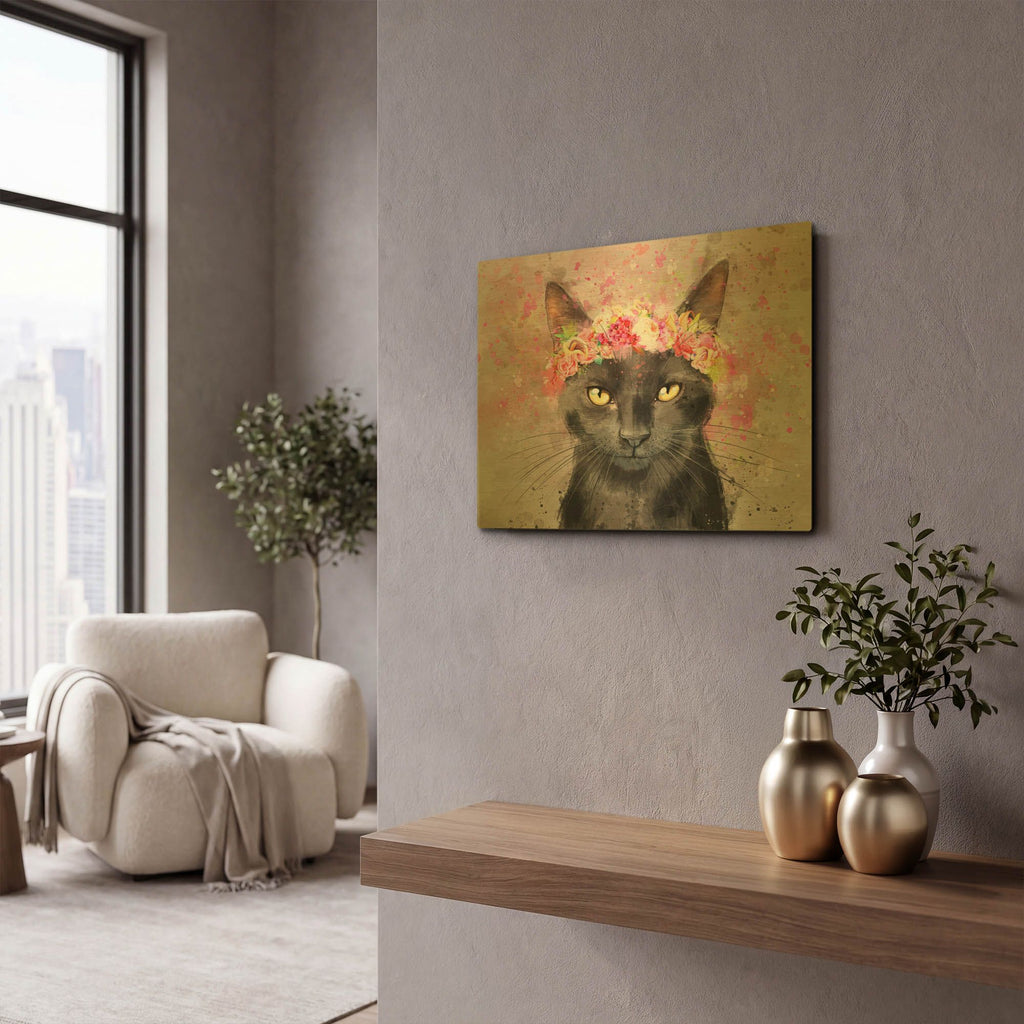'Flower Crown Black Cat' By Furbaby Affiliates Gold Metal Wall Art
