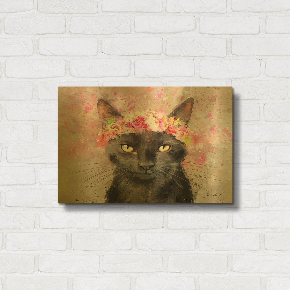 'Flower Crown Black Cat' By Furbaby Affiliates Gold Metal Wall Art