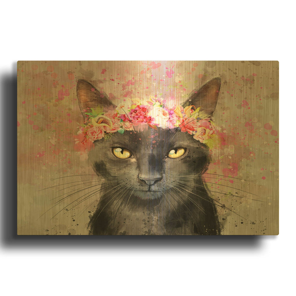 'Flower Crown Black Cat' By Furbaby Affiliates Gold Metal Wall Art