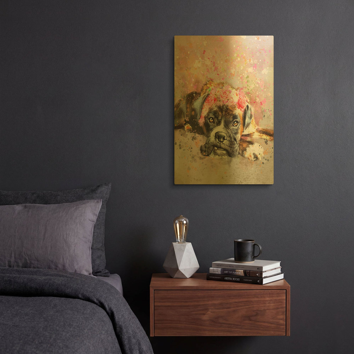 'Flower Crown Boxer' By Furbaby Affiliates Gold Metal Wall Art