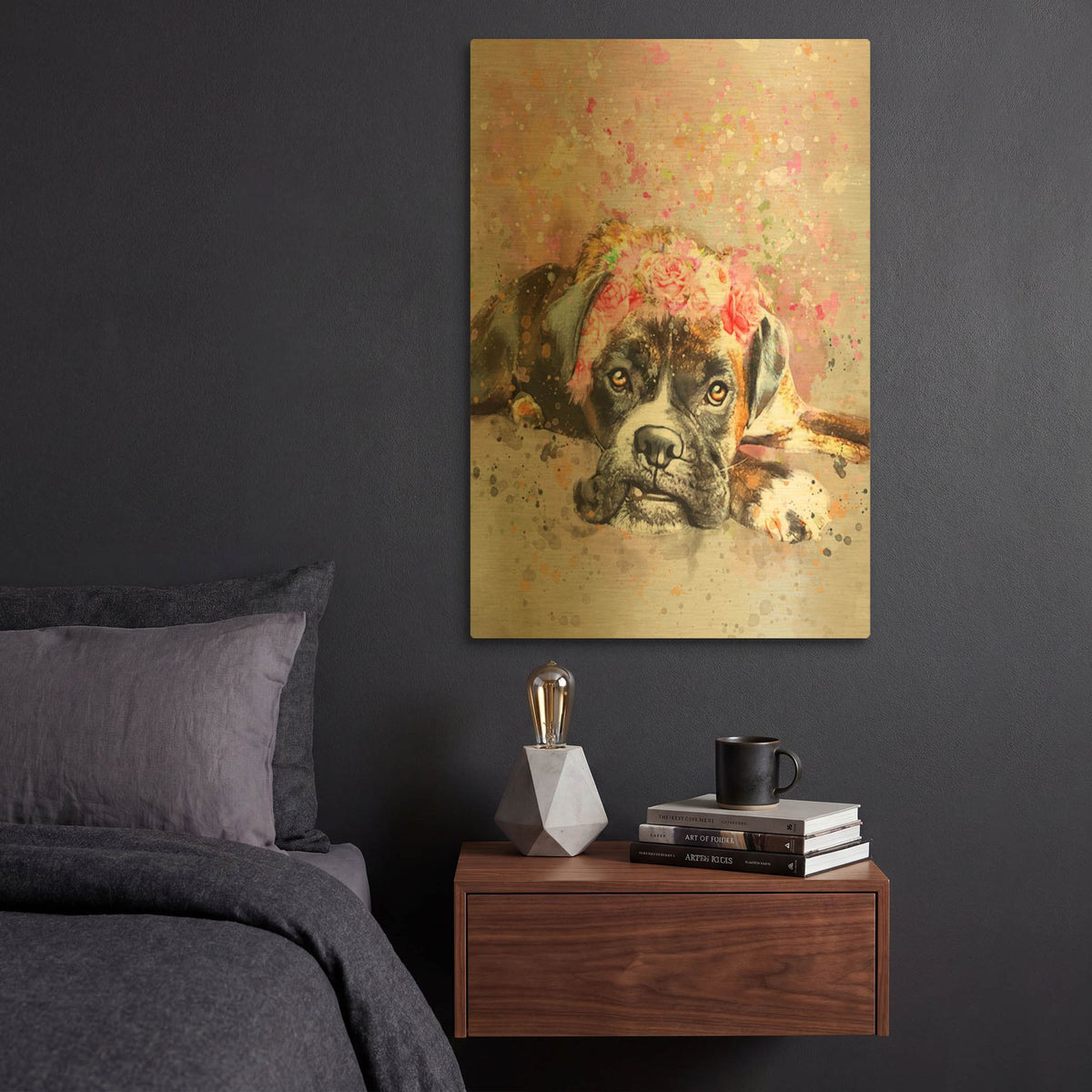 'Flower Crown Boxer' By Furbaby Affiliates Gold Metal Wall Art