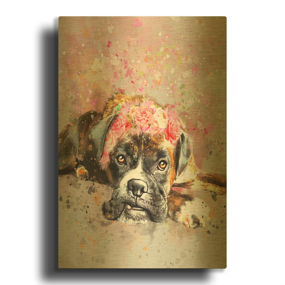 'Flower Crown Boxer' By Furbaby Affiliates Gold Metal Wall Art