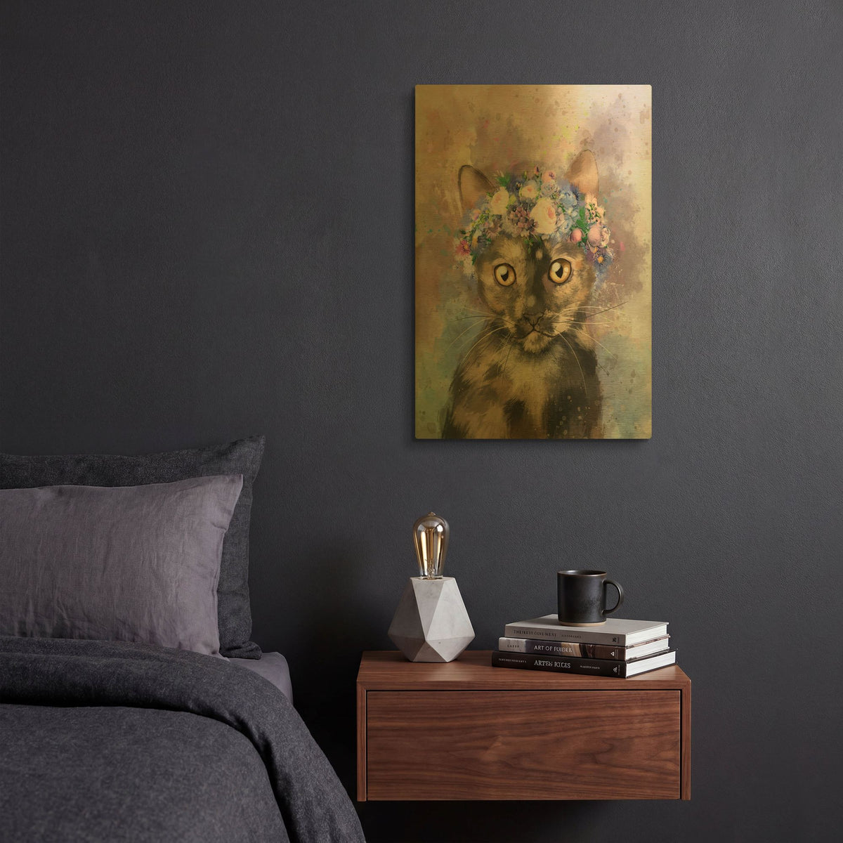'Flower Crown Calico Cat 2' By Furbaby Affiliates Gold Metal Wall Art