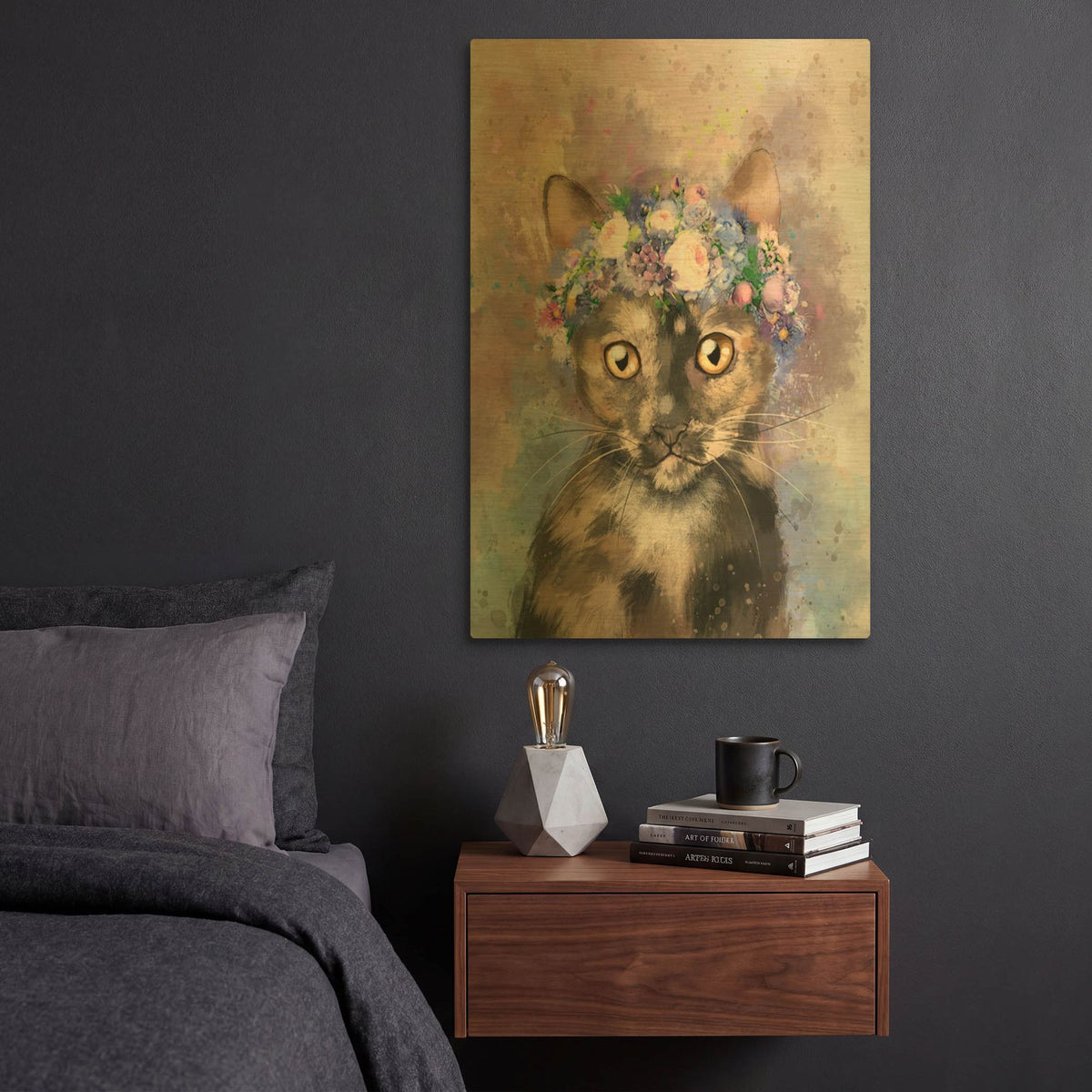'Flower Crown Calico Cat 2' By Furbaby Affiliates Gold Metal Wall Art