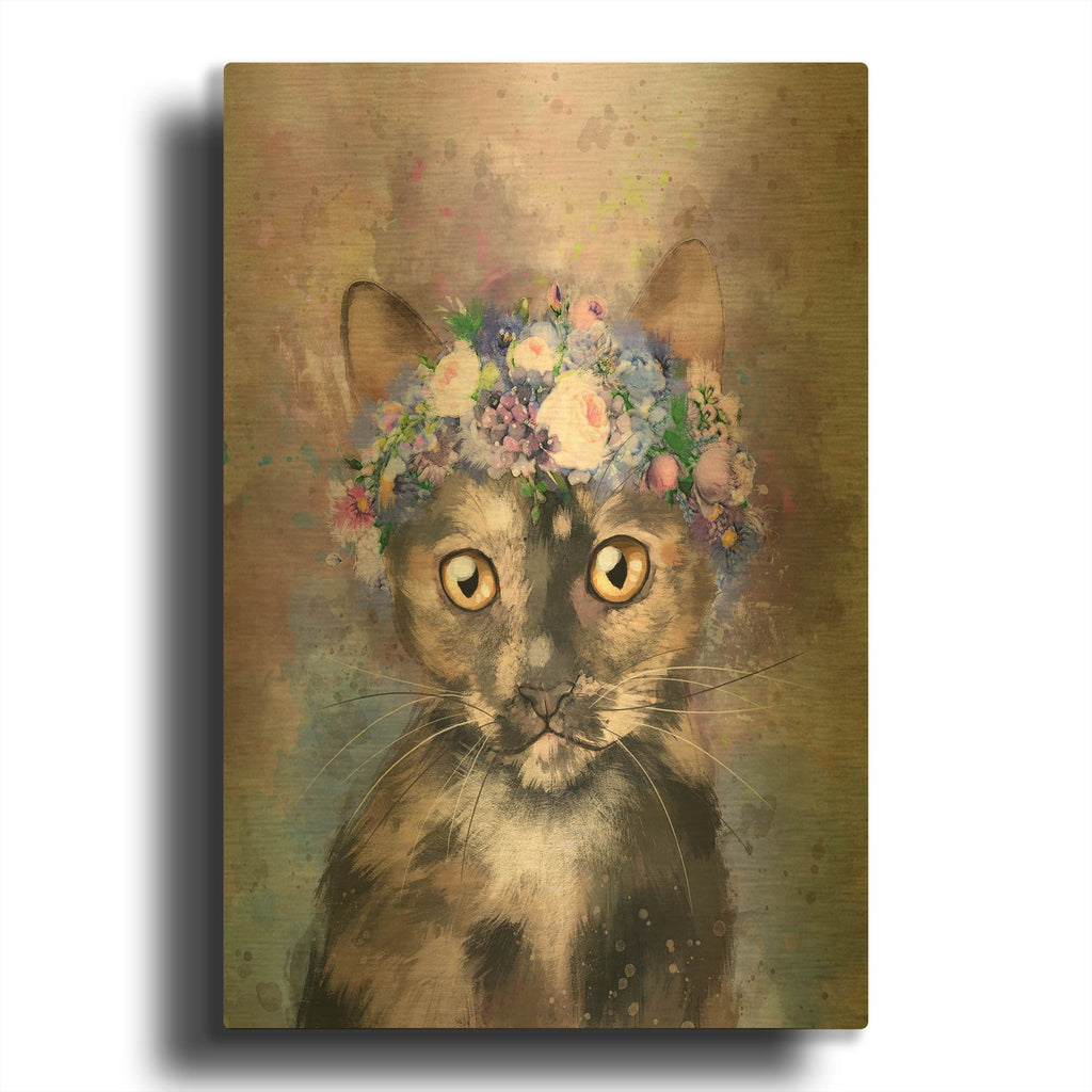 'Flower Crown Calico Cat 2' By Furbaby Affiliates Gold Metal Wall Art