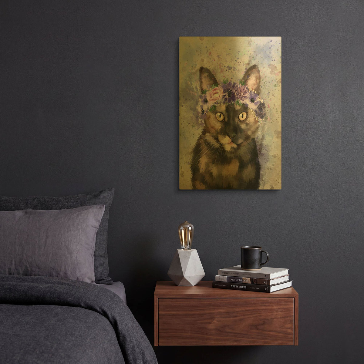 'Flower Crown Calico Cat 3' By Furbaby Affiliates Gold Metal Wall Art