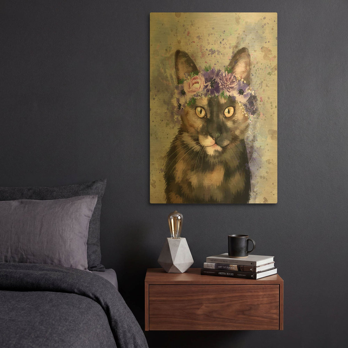 'Flower Crown Calico Cat 3' By Furbaby Affiliates Gold Metal Wall Art