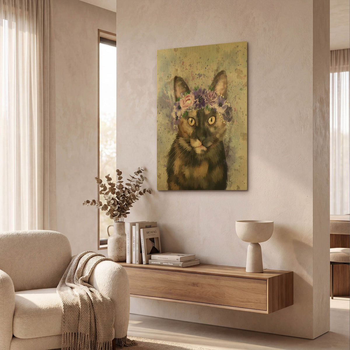 'Flower Crown Calico Cat 3' By Furbaby Affiliates Gold Metal Wall Art