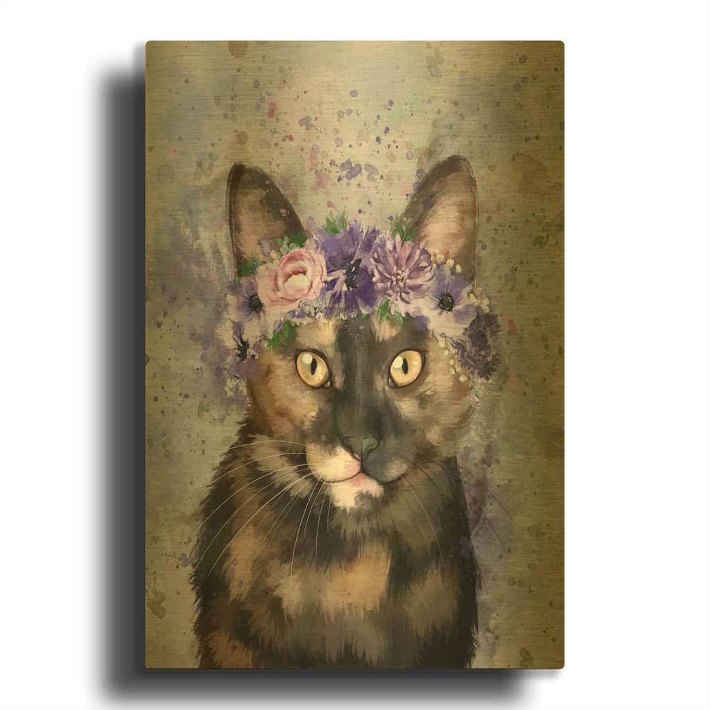 'Flower Crown Calico Cat 3' By Furbaby Affiliates Gold Metal Wall Art