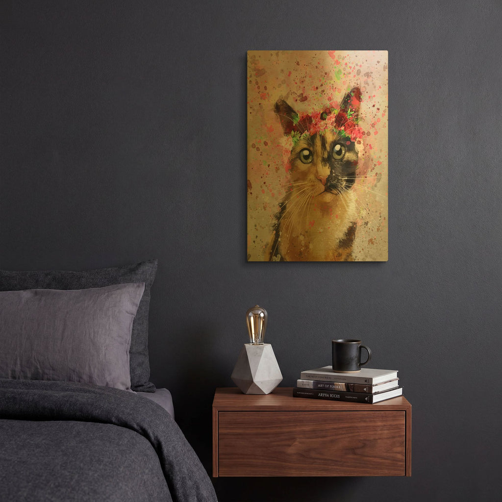 'Flower Crown Calico Cat 4' By Furbaby Affiliates Gold Metal Wall Art