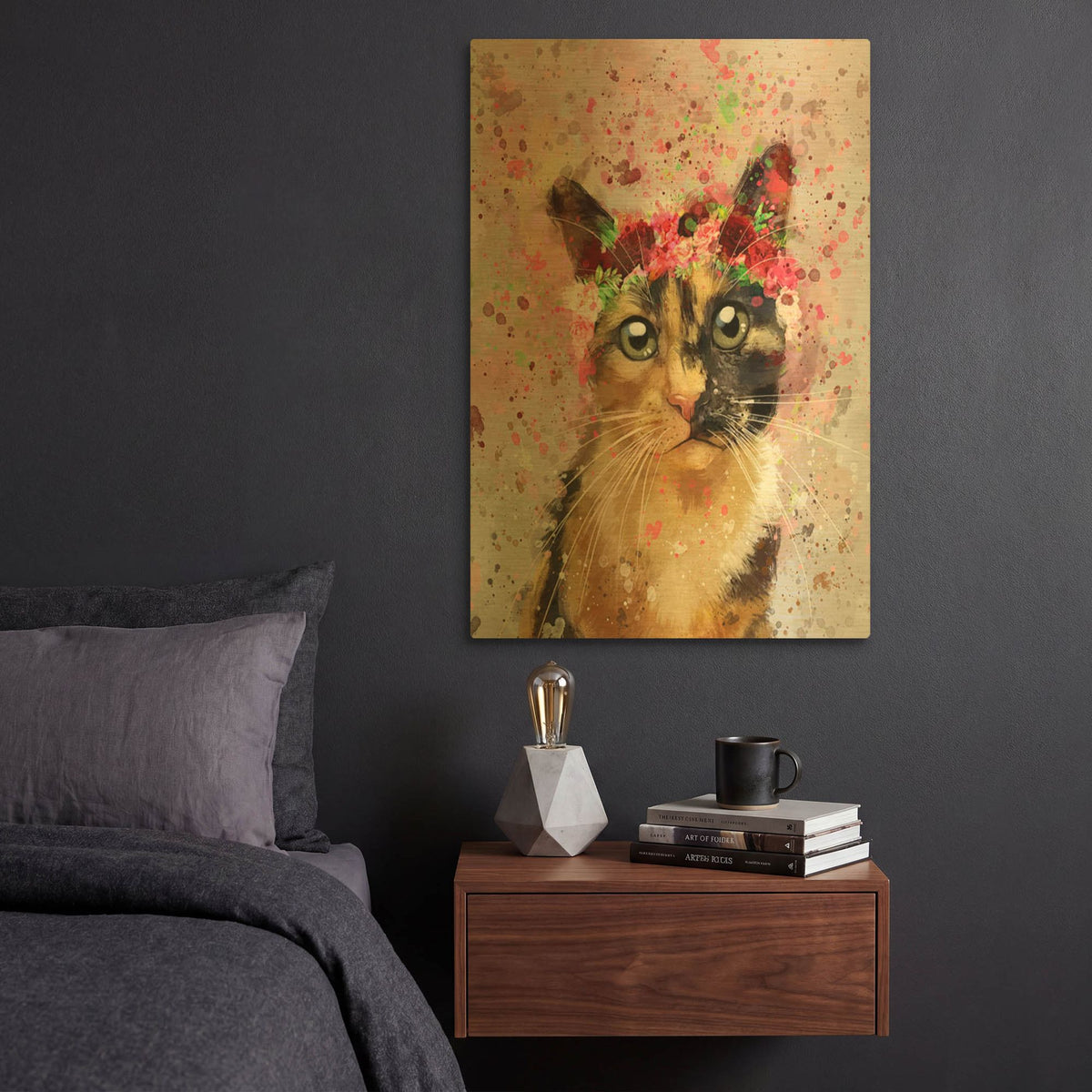'Flower Crown Calico Cat 4' By Furbaby Affiliates Gold Metal Wall Art