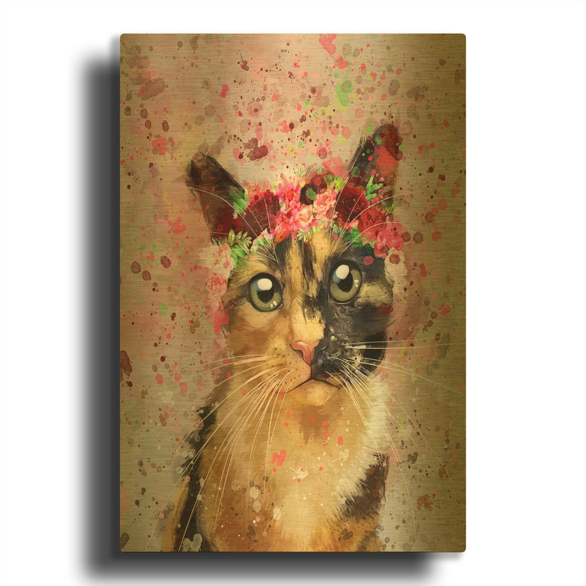 'Flower Crown Calico Cat 4' By Furbaby Affiliates Gold Metal Wall Art