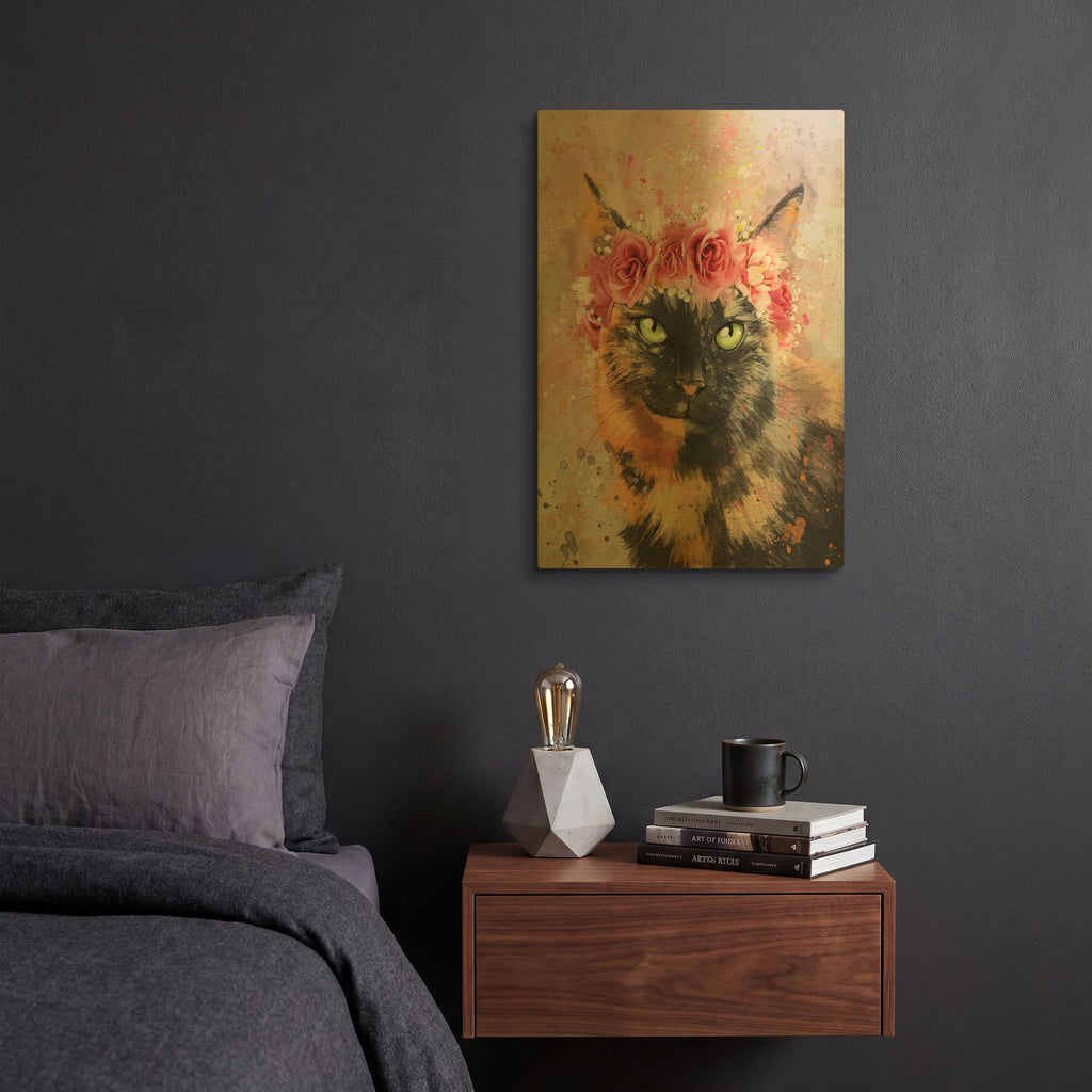 'Flower Crown Calico Cat 5' By Furbaby Affiliates Gold Metal Wall Art