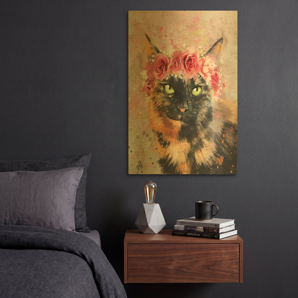 'Flower Crown Calico Cat 5' By Furbaby Affiliates Gold Metal Wall Art