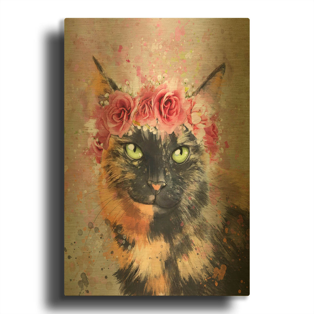 'Flower Crown Calico Cat 5' By Furbaby Affiliates Gold Metal Wall Art