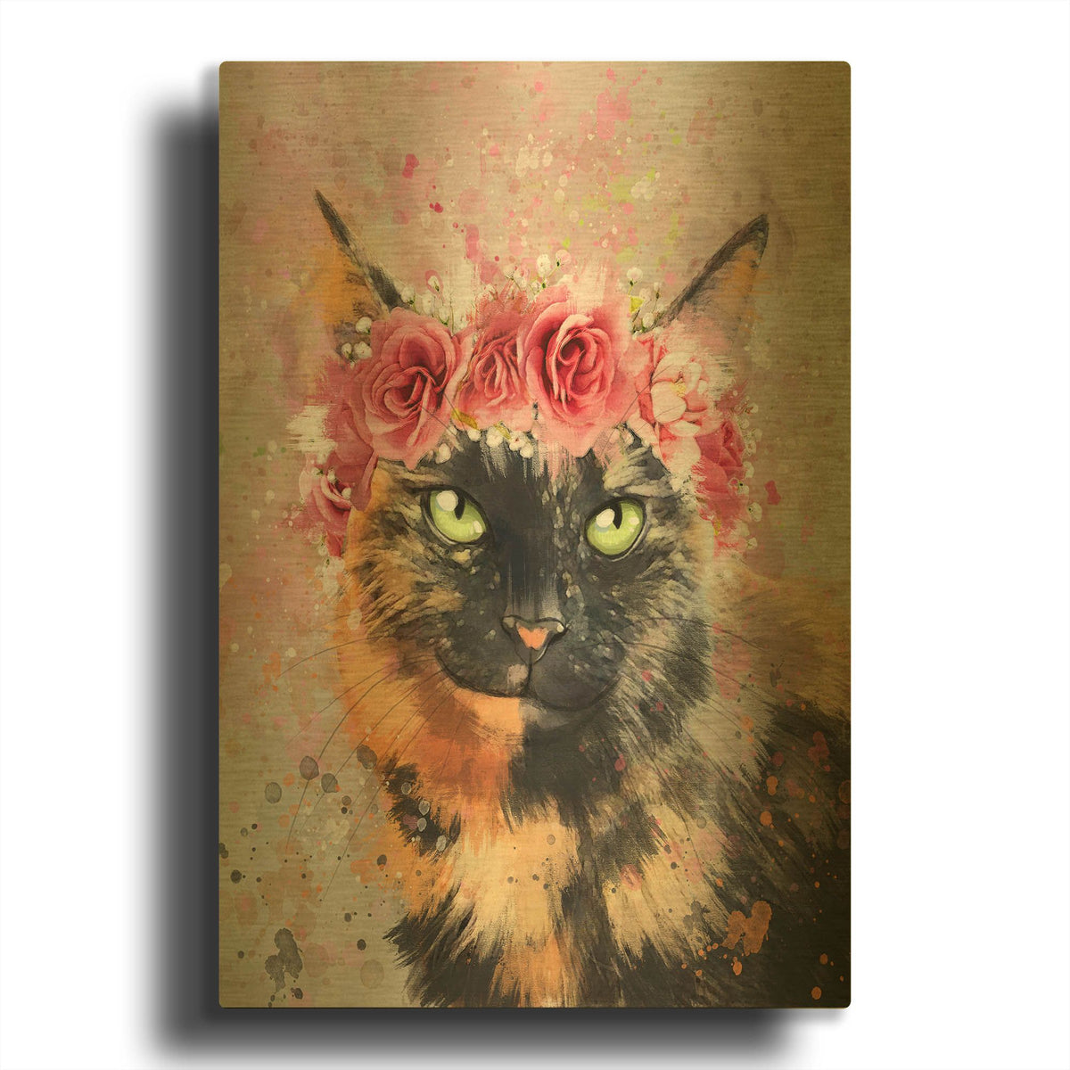 'Flower Crown Calico Cat 5' By Furbaby Affiliates Gold Metal Wall Art