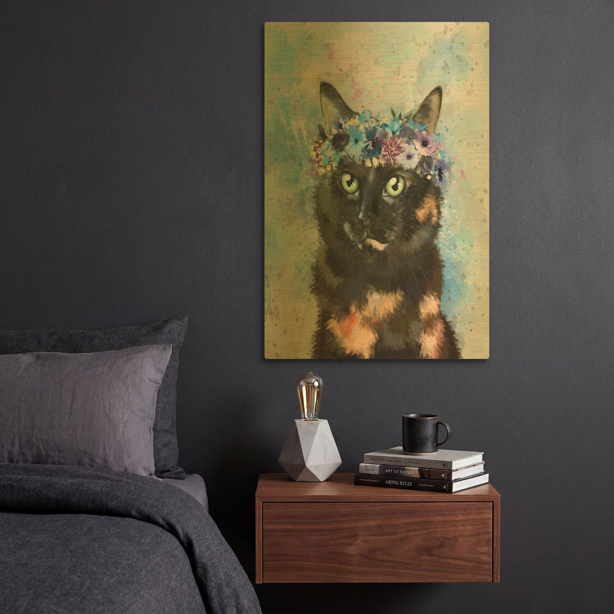 'Flower Crown Calico Cat' By Furbaby Affiliates Gold Metal Wall Art