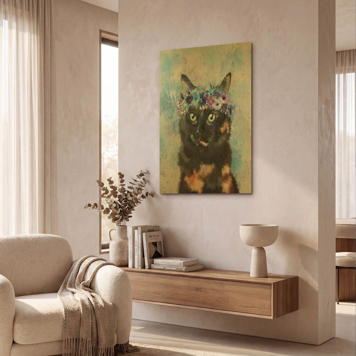 'Flower Crown Calico Cat' By Furbaby Affiliates Gold Metal Wall Art