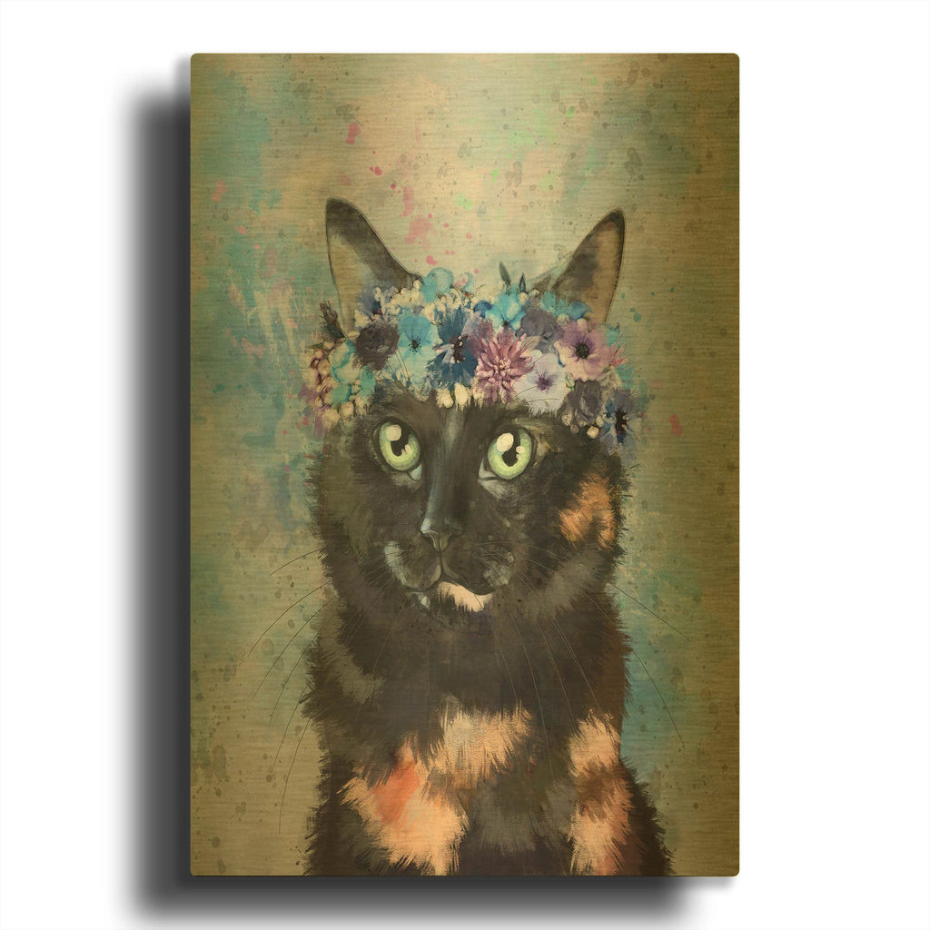 'Flower Crown Calico Cat' By Furbaby Affiliates Gold Metal Wall Art
