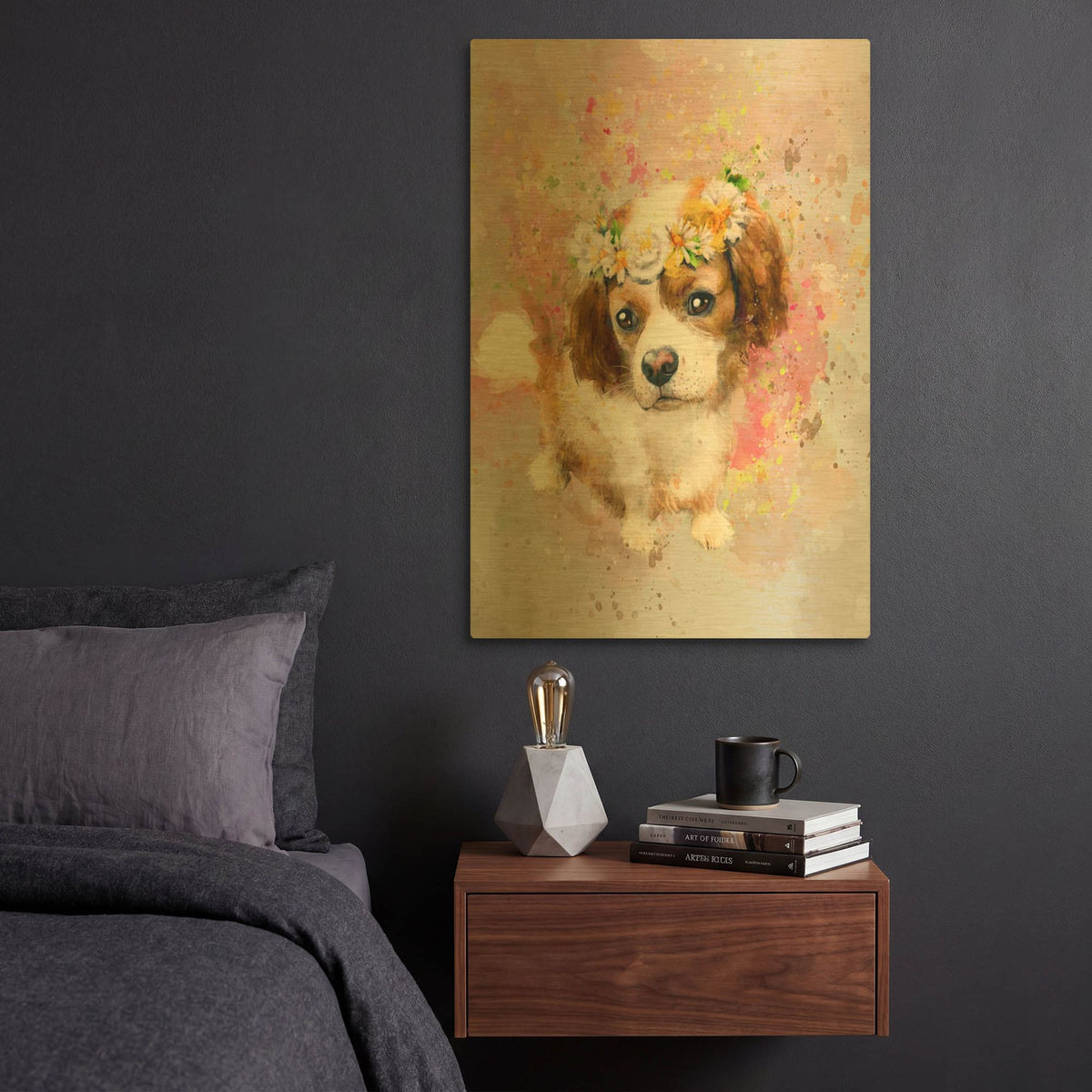 'Flower Crown Cavalier King Charles Spaniel' By Furbaby Affiliates Gold Metal Wall Art