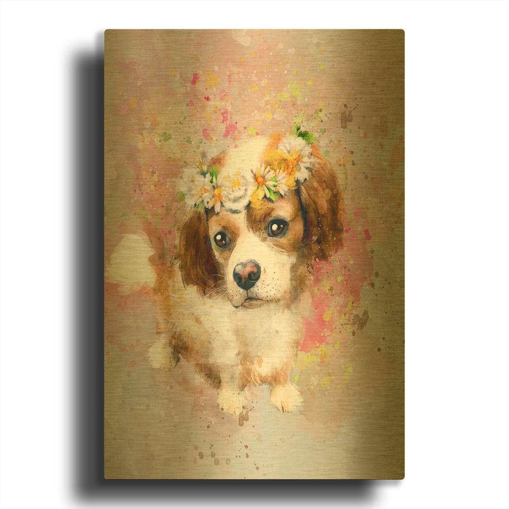 'Flower Crown Cavalier King Charles Spaniel' By Furbaby Affiliates Gold Metal Wall Art