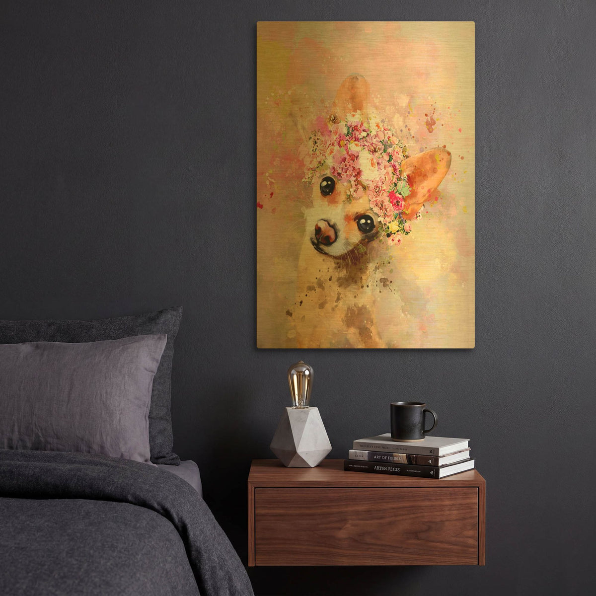 'Flower Crown Chihuahua 2' By Furbaby Affiliates Gold Metal Wall Art