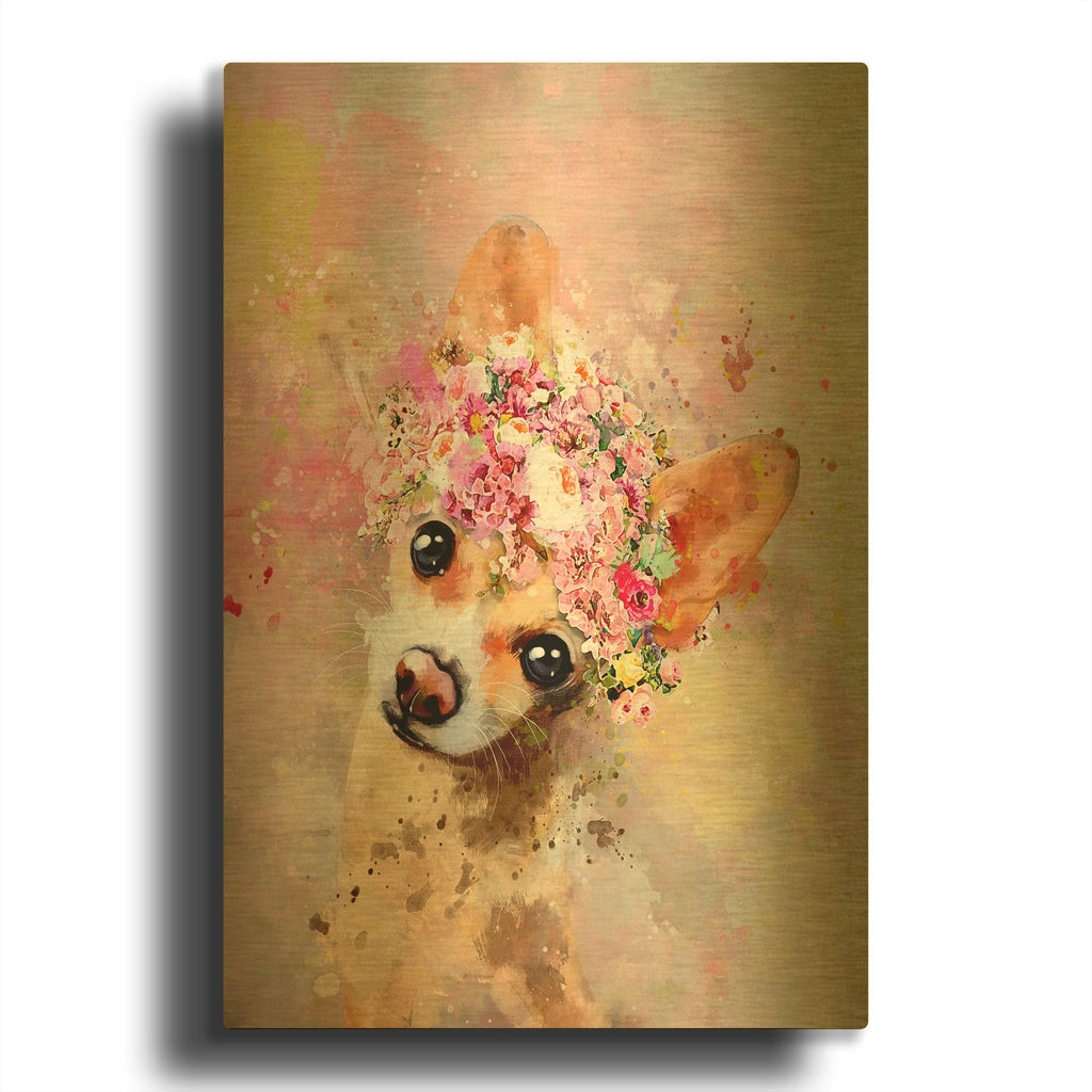 'Flower Crown Chihuahua 2' By Furbaby Affiliates Gold Metal Wall Art