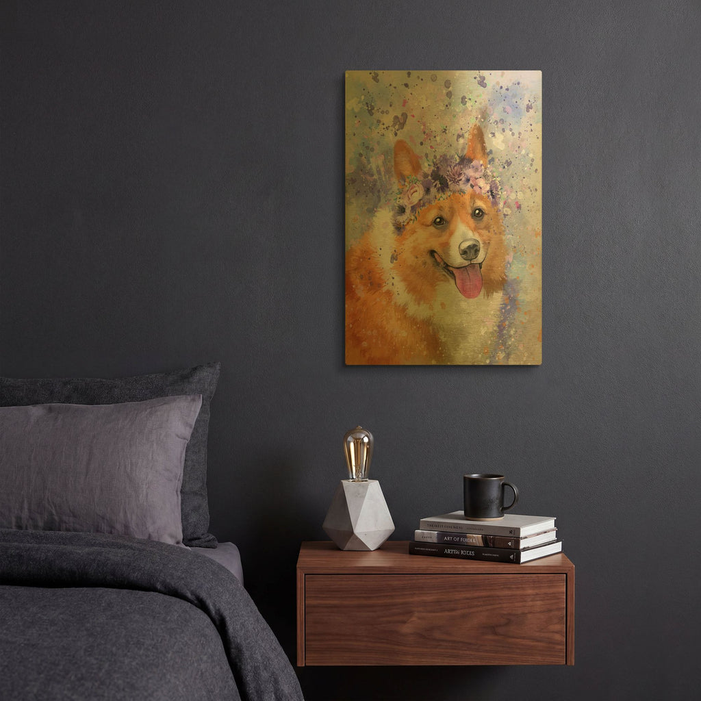 'Flower Crown Corgi' By Furbaby Affiliates Gold Metal Wall Art