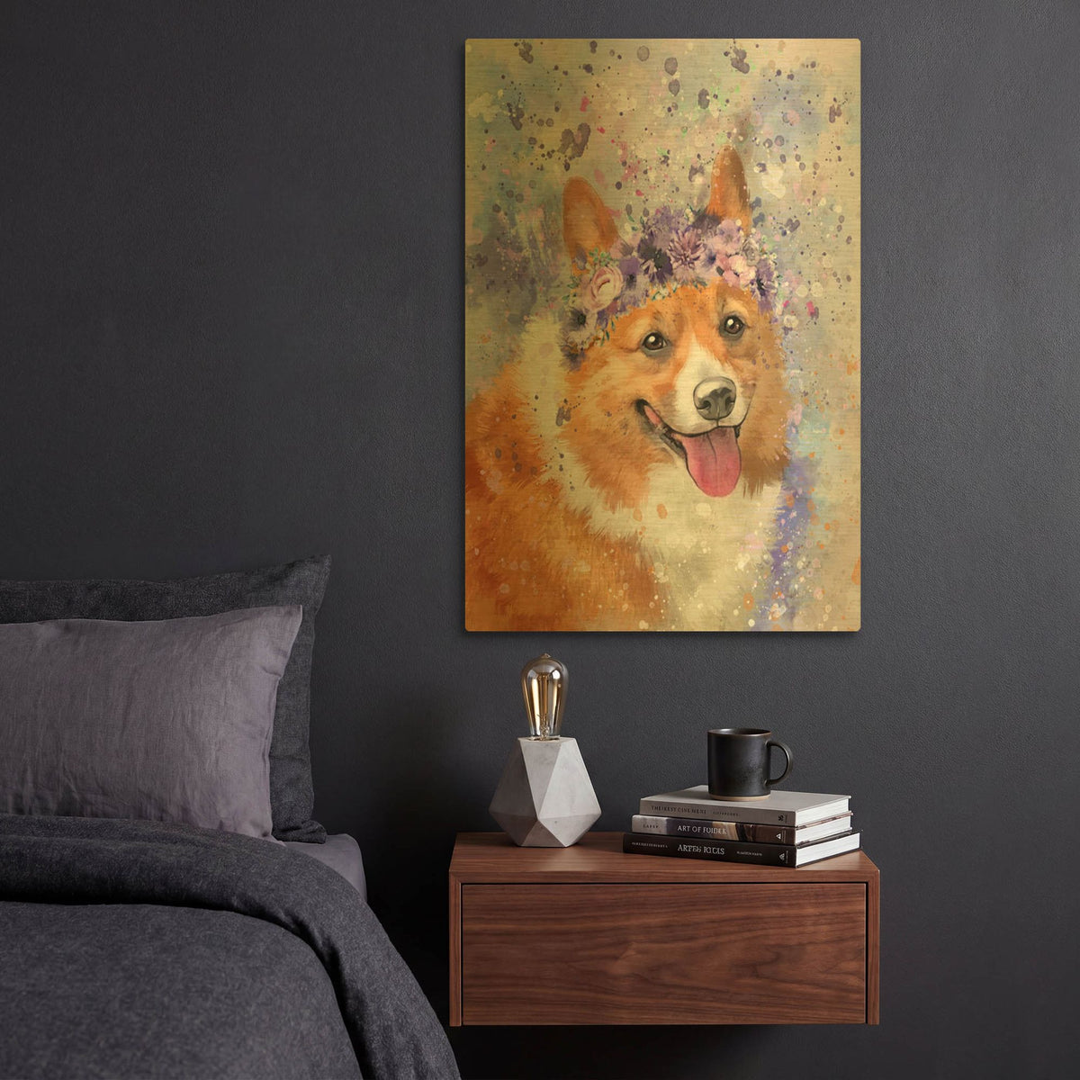 'Flower Crown Corgi' By Furbaby Affiliates Gold Metal Wall Art