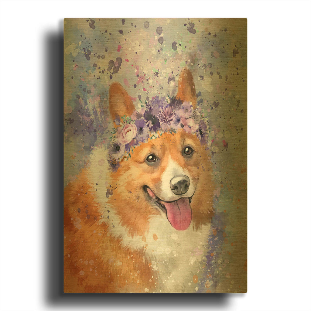 'Flower Crown Corgi' By Furbaby Affiliates Gold Metal Wall Art