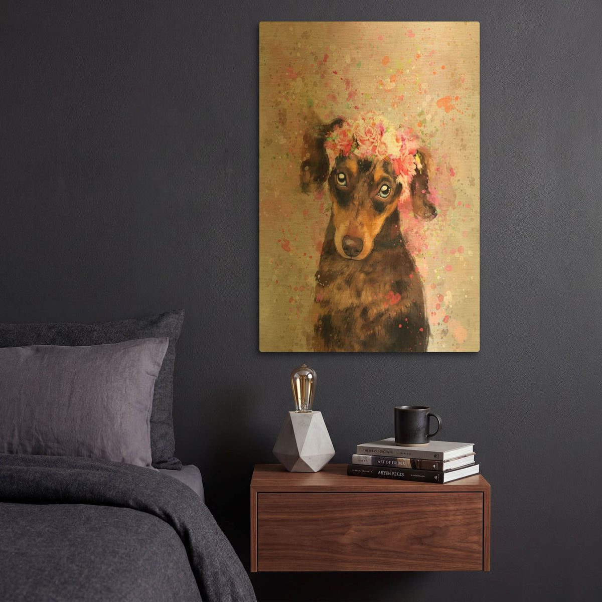 'Flower Crown Dachshund' By Furbaby Affiliates Gold Metal Wall Art