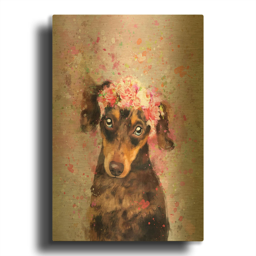 'Flower Crown Dachshund' By Furbaby Affiliates Gold Metal Wall Art