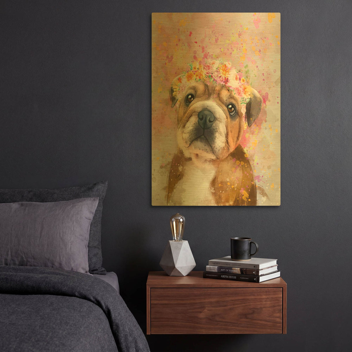 'Flower Crown English Bulldog' By Furbaby Affiliates Gold Metal Wall Art