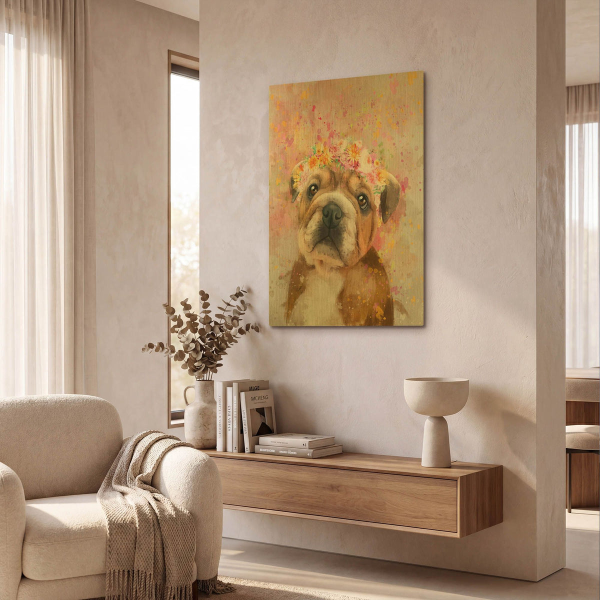 'Flower Crown English Bulldog' By Furbaby Affiliates Gold Metal Wall Art