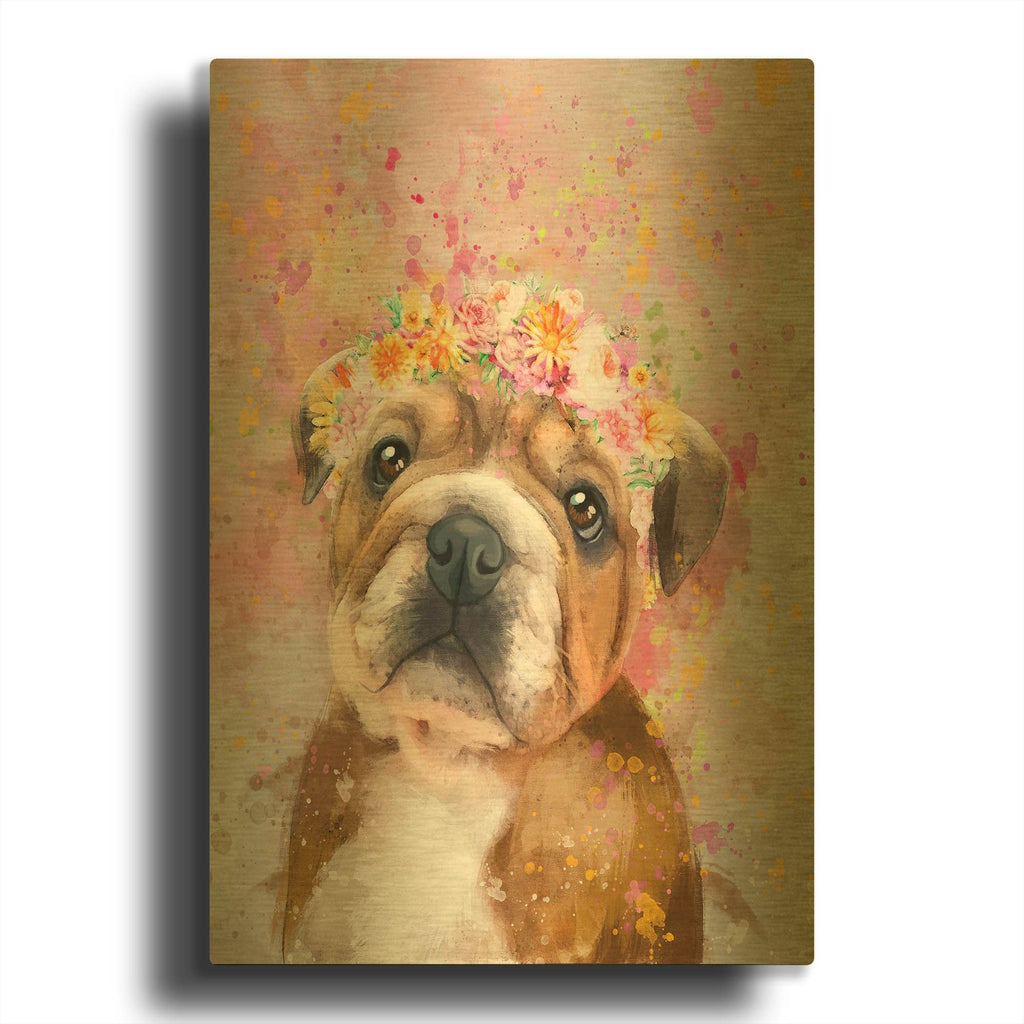 'Flower Crown English Bulldog' By Furbaby Affiliates Gold Metal Wall Art