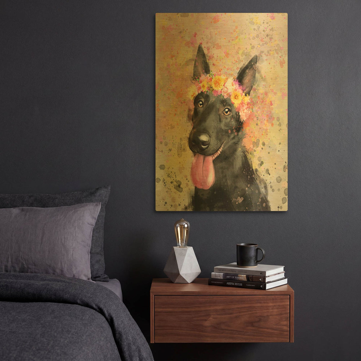 'Flower Crown German Shepherd 2' By Furbaby Affiliates Gold Metal Wall Art