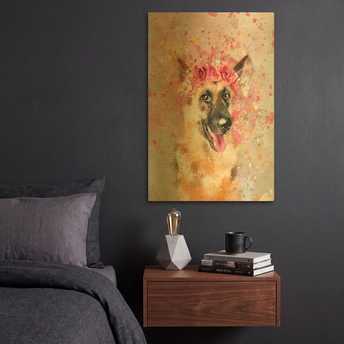 'Flower Crown German Shepherd' By Furbaby Affiliates Gold Metal Wall Art