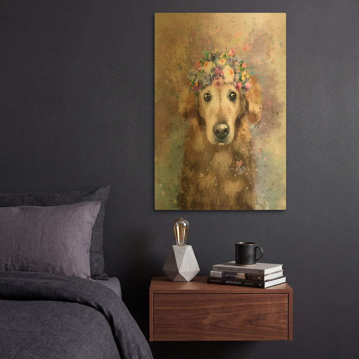 'Flower Crown Golden Retreiver 3' By Furbaby Affiliates Gold Metal Wall Art