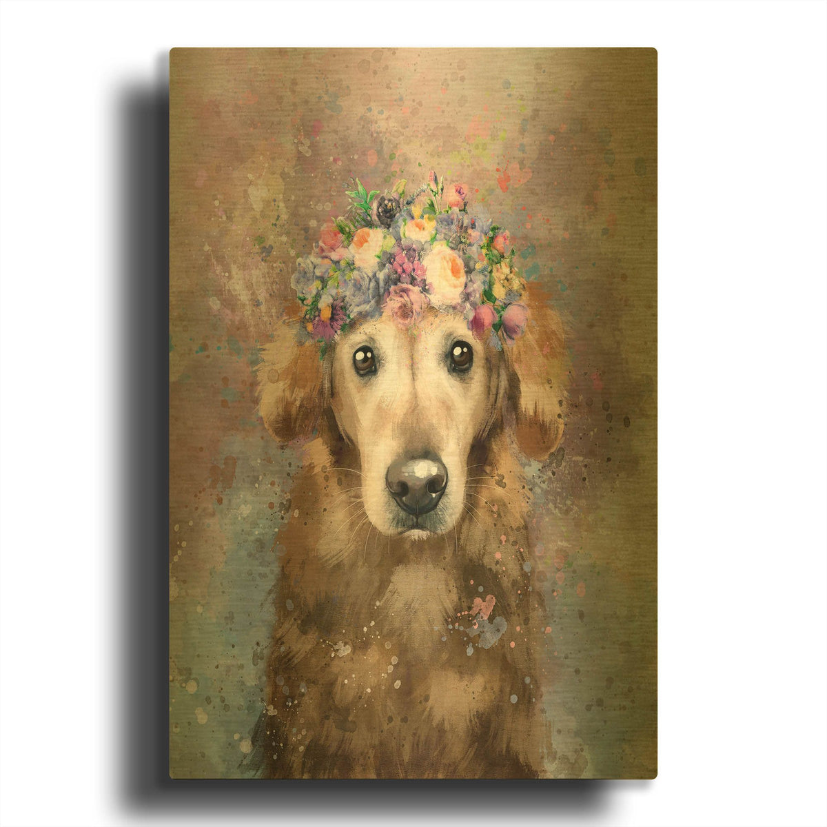 'Flower Crown Golden Retreiver 3' By Furbaby Affiliates Gold Metal Wall Art