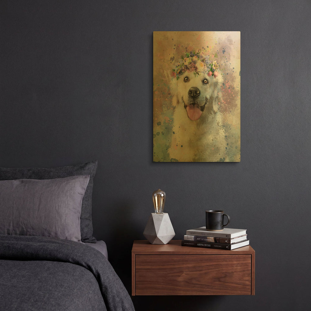 'Flower Crown Golden Retriever 2' By Furbaby Affiliates Gold Metal Wall Art